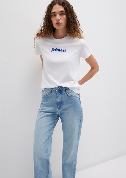 Mavi Baskılı Beyaz Tişört 1612242-620