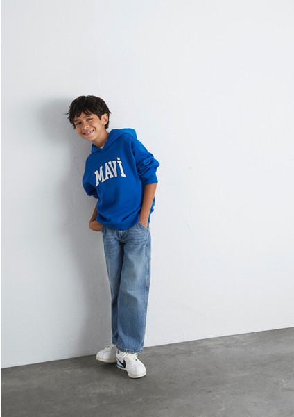 Mavi Logo Baskılı Mavi Kapüşonlu Sweatshirt 6610110-70896