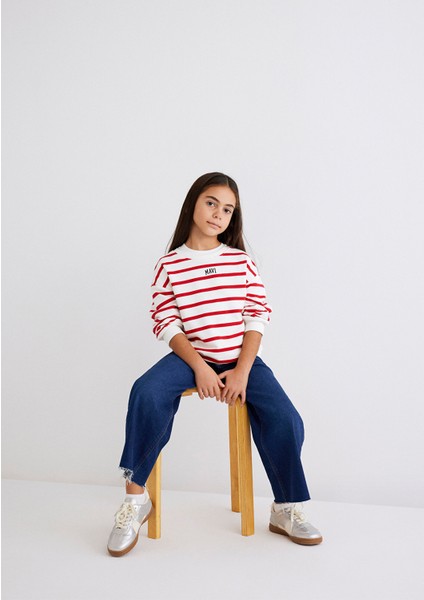 Mavi Logo Baskılı Kırmızı Çizgili Sweatshirt 7S10038-82054