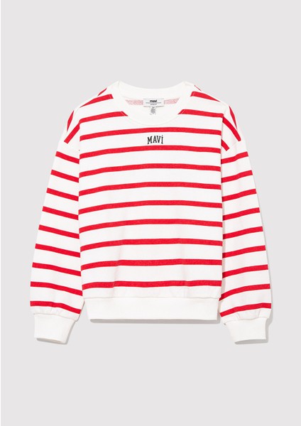 Mavi Logo Baskılı Kırmızı Çizgili Sweatshirt 7S10038-82054