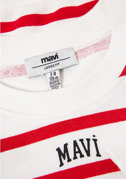Mavi Logo Baskılı Kırmızı Çizgili Sweatshirt 7S10038-82054