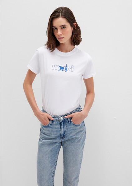 Mavi Kedi Logo Baskılı Beyaz Tişört 1611478-620