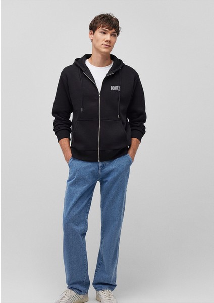 Logo Baskılı Fermuarlı Siyah Sweatshirt
