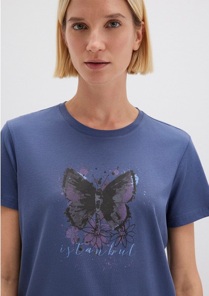 Kelebek Baskılı Lacivert İstanbul Tişört 168571-30233
