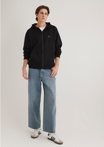 Logolu Kapüşonlu Fermuarlı Siyah Sweatshirt 066979-900
