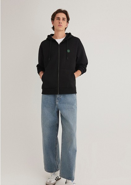 Logolu Kapüşonlu Fermuarlı Siyah Sweatshirt 066979-900
