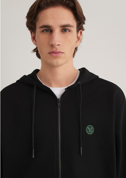 Logolu Kapüşonlu Fermuarlı Siyah Sweatshirt 066979-900