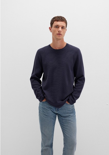 Uzun Kollu Dokulu Lacivert Tişört 064622-26828