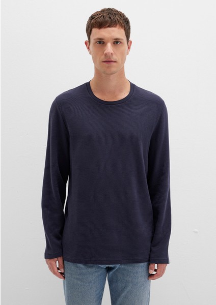 Uzun Kollu Dokulu Lacivert Tişört 064622-26828