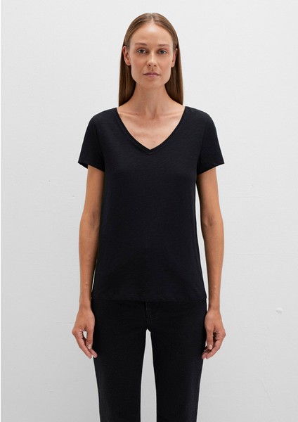 V Yaka Flamlı Siyah Basic Tişört 168260-900