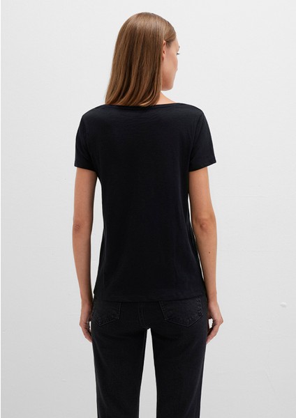 V Yaka Flamlı Siyah Basic Tişört 168260-900