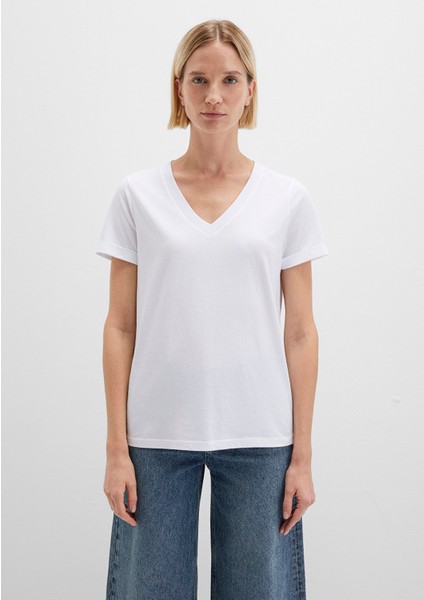 V Yaka Beyaz Basic Tişört 166248-620
