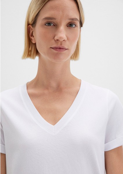 V Yaka Beyaz Basic Tişört 166248-620