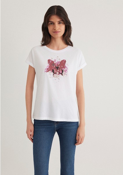 Kelebek Baskılı Beyaz İstanbul Tişört 167576-620