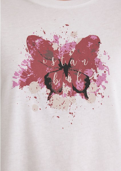 Kelebek Baskılı Beyaz İstanbul Tişört 167576-620