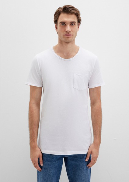 Dikişli Cep Detaylı Beyaz Tişört 062772-20843