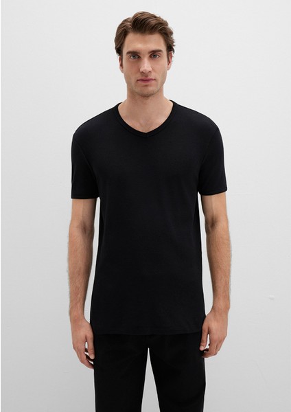 Ribana Detaylı V Yaka Siyah Tişört 063748-900