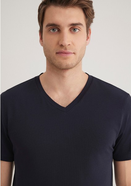 Stretch V Yaka Lacivert Basic Tişört 061748-17588