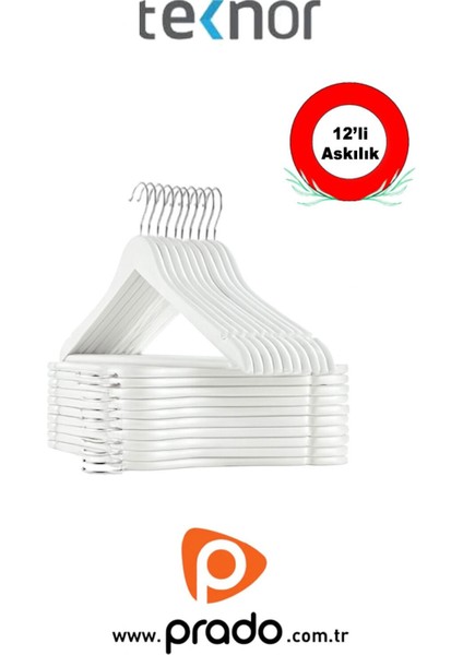 -Prado 12 Adet Ahşap Görünümlü Plastik Kalite Beyaz Stil Elbise Askısı