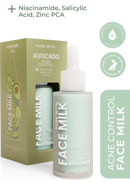 Avokado Özlü Sivilce Akne ve Leke Karşıtı Besleyici Onarıcı Yüz Sütü 150 ml (Niacinamide, Salisilik Asit, Zinc PCA)