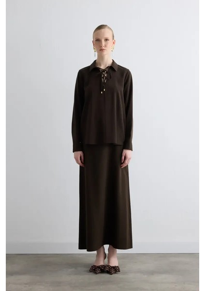 Yakası Bağcıklı Lyocell Bluz - Kahverengi fiyatları