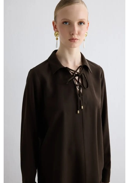 Yakası Bağcıklı Lyocell Bluz - Kahverengi modelleri