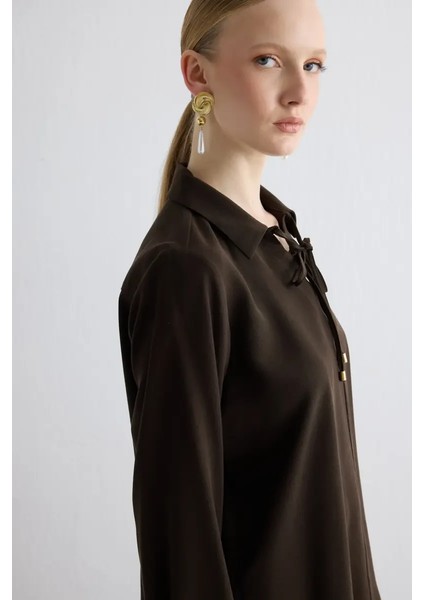 Yakası Bağcıklı Lyocell Bluz - Kahverengi fırsatları