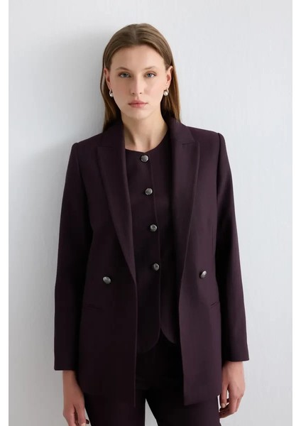 Rahat Kesim Çizgili Blazer Ceket - Mürdüm