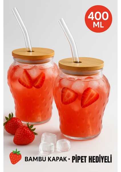 2 Adet Çilek Desenli 400 ml Borosilikat Cam Bardak – Bambu Kapaklı, Cam Pipet Hediyeli