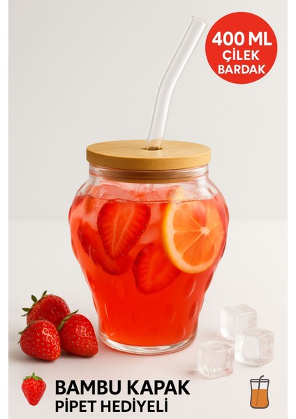 2 Adet Çilek Desenli 400 ml Borosilikat Cam Bardak – Bambu Kapaklı, Cam Pipet Hediyeli fiyatları