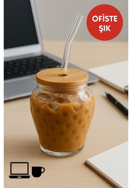 2 Adet Çilek Desenli 400 ml Borosilikat Cam Bardak – Bambu Kapaklı, Cam Pipet Hediyeli modelleri