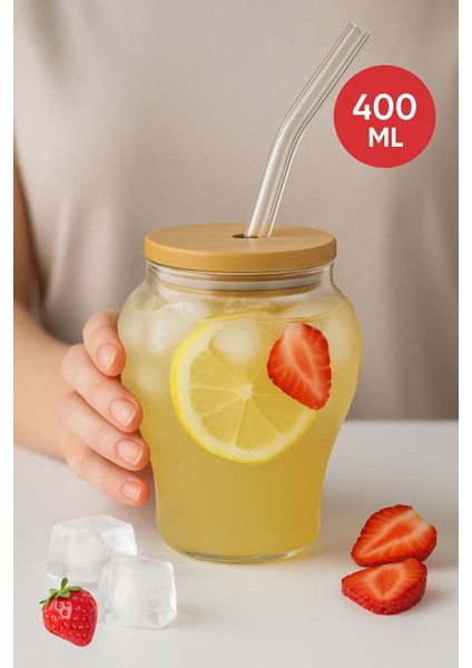 2 Adet Çilek Desenli 400 ml Borosilikat Cam Bardak – Bambu Kapaklı, Cam Pipet Hediyeli fırsatları