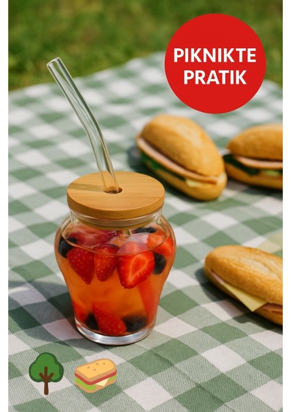 2 Adet Çilek Desenli 400 ml Borosilikat Cam Bardak – Bambu Kapaklı, Cam Pipet Hediyeli indirimleri