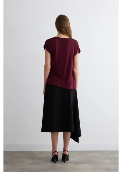V Yaka Viskon Önü Saten Tshirt - Bordo fırsatları