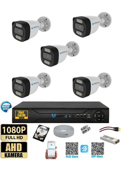 5 Kameralı Güvenlik Kamera Seti 5mp 1080P Full Hd Tam Renkli Gece Görüş Dvr Kayıt Cihazlı Tak Çalıştır Sistem