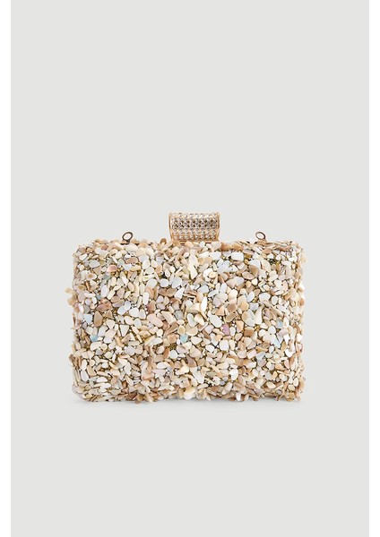 Sedef Taşlı Abiye Clutch Çanta - Gold