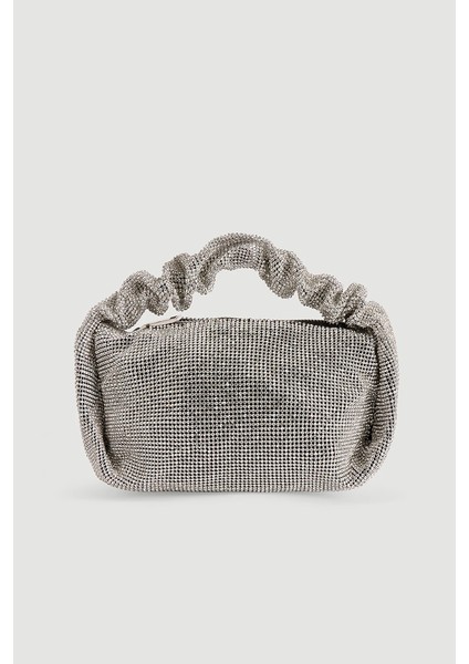 Kısa Saplı Taşlı Abiye Çanta - Gümüş