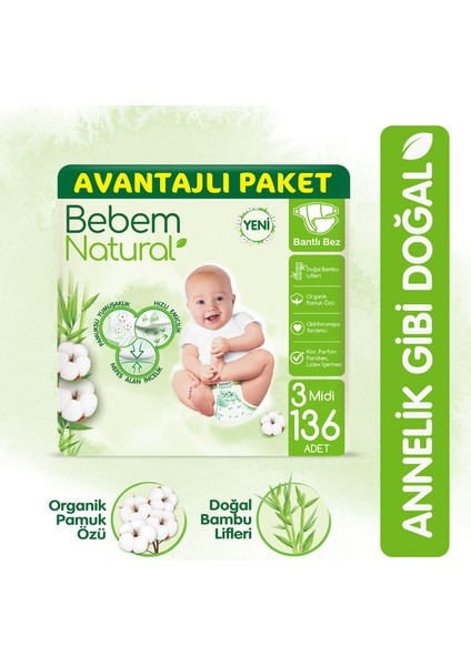 Bebek Bezi 3 Beden Midi Avantajlı Paket 136 Adet
