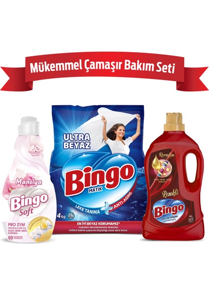 "Mükemmel Çamaşır Bakım Seti ; 4 kg Toz Çamaşır Deterjanı Ultra Beyaz +Sıvı Deterjan 4 L Renkli + Konsantre Çamaşır"