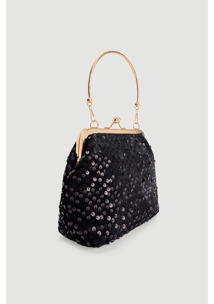 Payetli Kadife Metal Askılı Abiye Clutch Çanta - Siyah modelleri