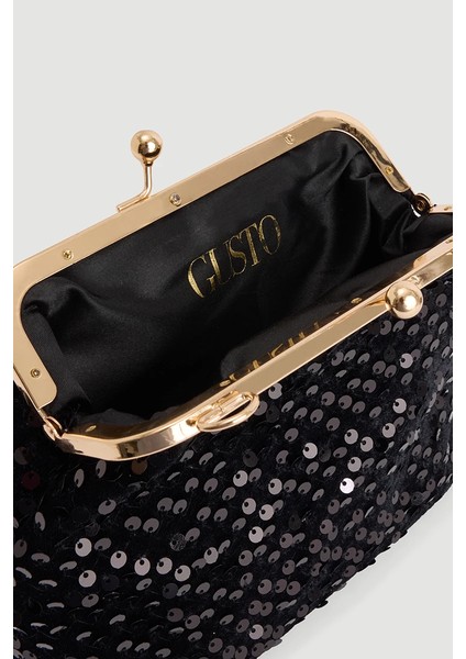 Payetli Kadife Metal Askılı Abiye Clutch Çanta - Siyah fırsatları