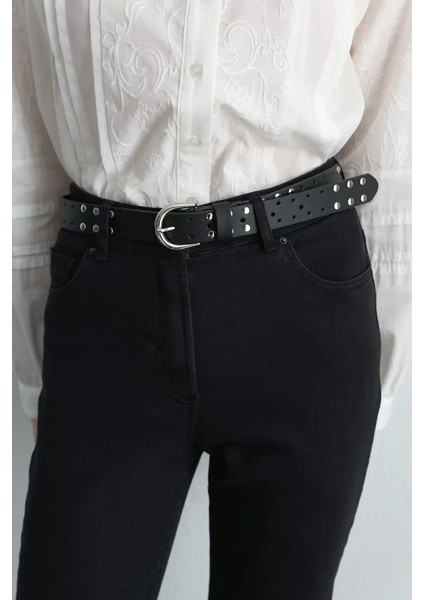 Gümüş Tokalı Zımbalı Kemer - Siyah fiyatları