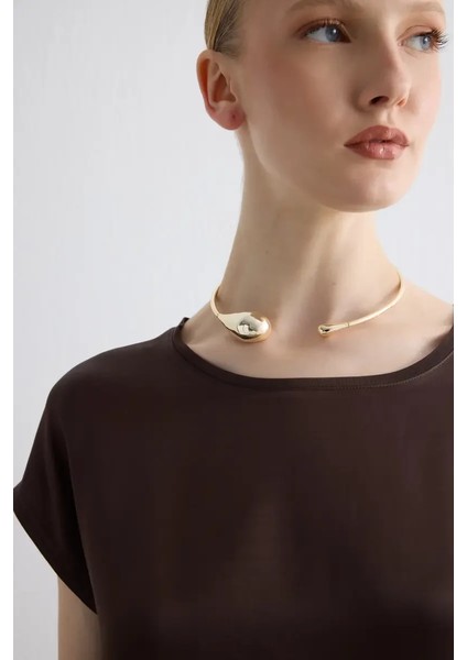 Yuvarlak Yaka Önü Saten Viskon Tshirt - Kahverengi modelleri