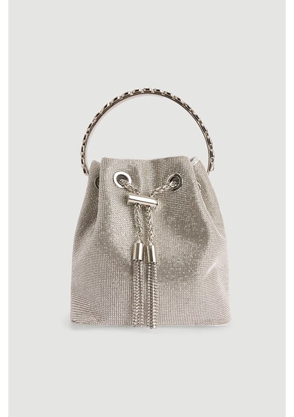 Metal Askılı Taş Işlemeli Abiye Çanta - Gümüş