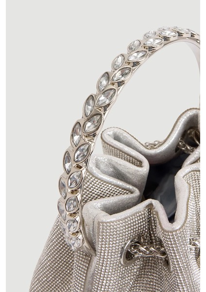 Metal Askılı Taş Işlemeli Abiye Çanta - Gümüş fırsatları