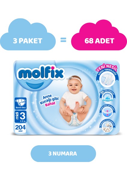 Bebek Bezi 3 Beden Midi Avantajlı Paket 204 Adet