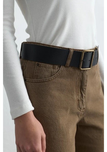 Eskitme Görünümlü Deri Kemer - Siyah