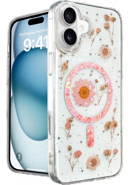iPhone 16 Kılıf Daisy Simli Magsafe Kapak - Pembe