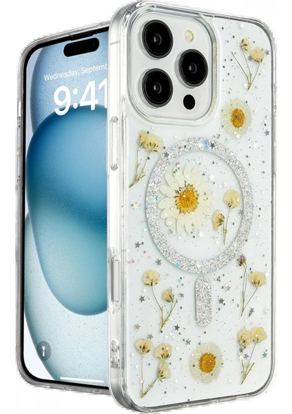 iPhone 16 Pro Max Kılıf Daisy Simli Magsafe Kapak - Gümüş