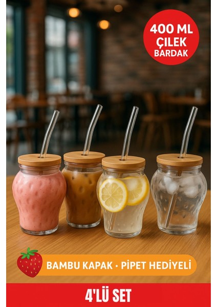 4 Adet Çilek Desenli 400 ml Borosilikat Cam Bardak – Bambu Kapaklı, Cam Pipet Hediyeli